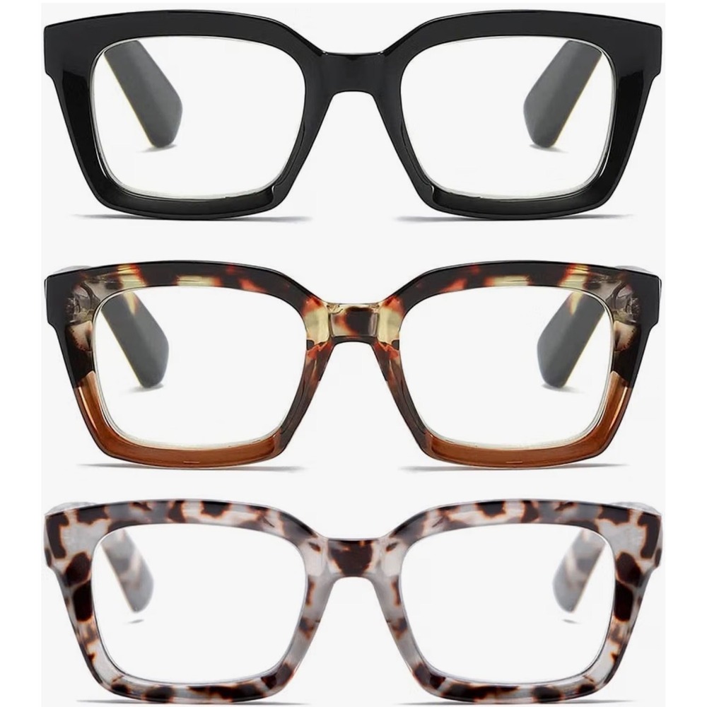 3 Pack Women Square Reading Glasses Oversized Thick Frame Black Tortoise 1.0 X